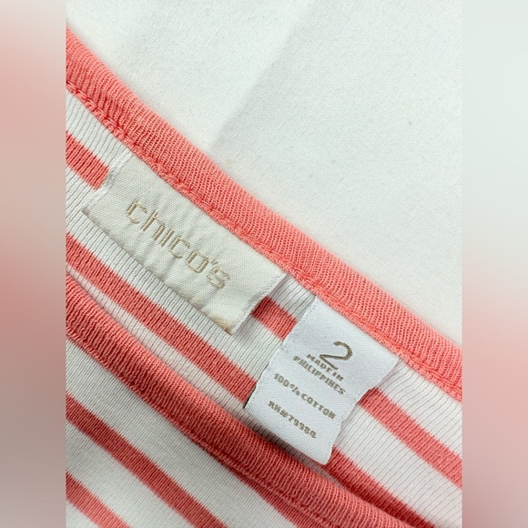 Chico's Coral Pink and White Striped Boatneck Blouse Cotton Size Large - Picture 3 of 5